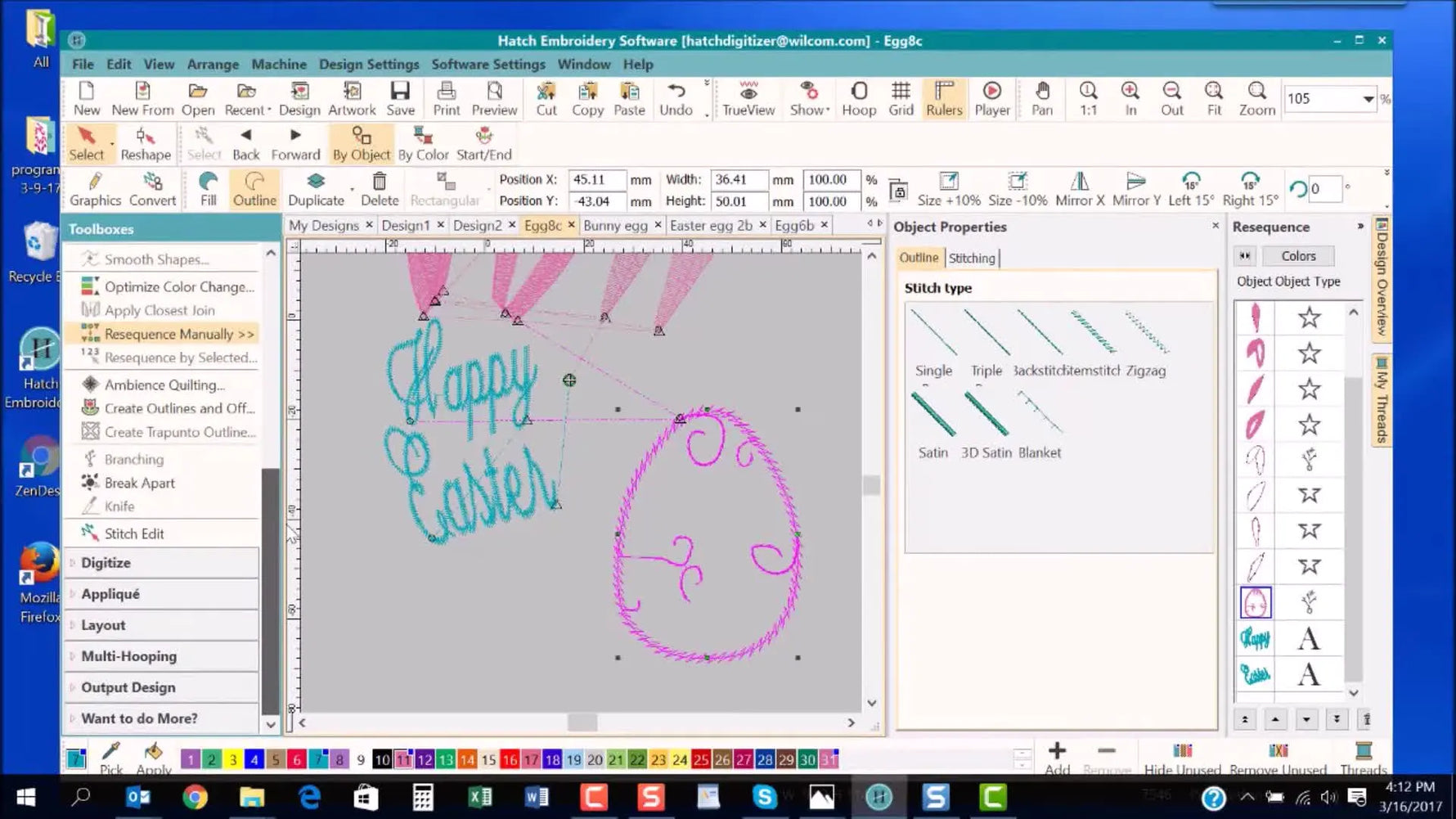 The full bunny-egg design is highlighted in Hatch while the Branching tool is active, showing how separate objects can be sequenced into a cleaner sew-out.