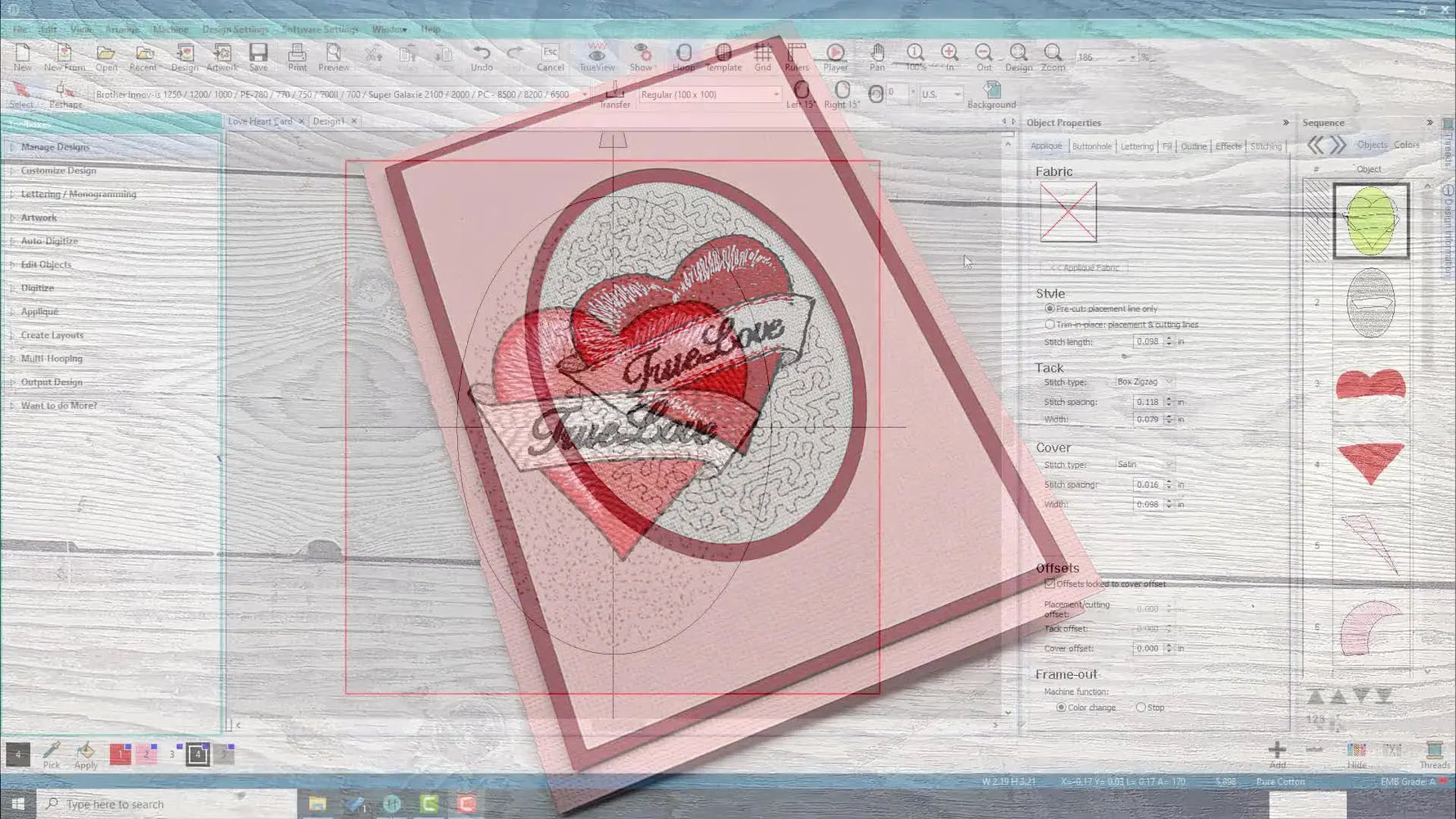 A full-screen preview of the finished Hatch embroidery design showing the stippled circle, heart with highlights, banner, and curved “True Love” lettering.