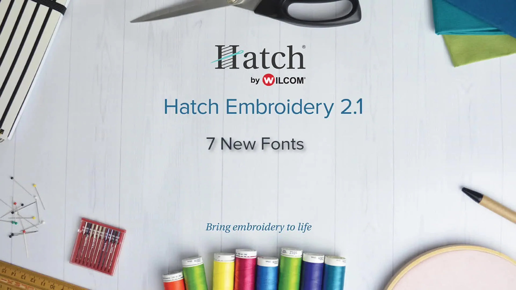 A screen capture showing all seven new Hatch Embroidery 2.1 fonts together with their names and sample lettering styles.
