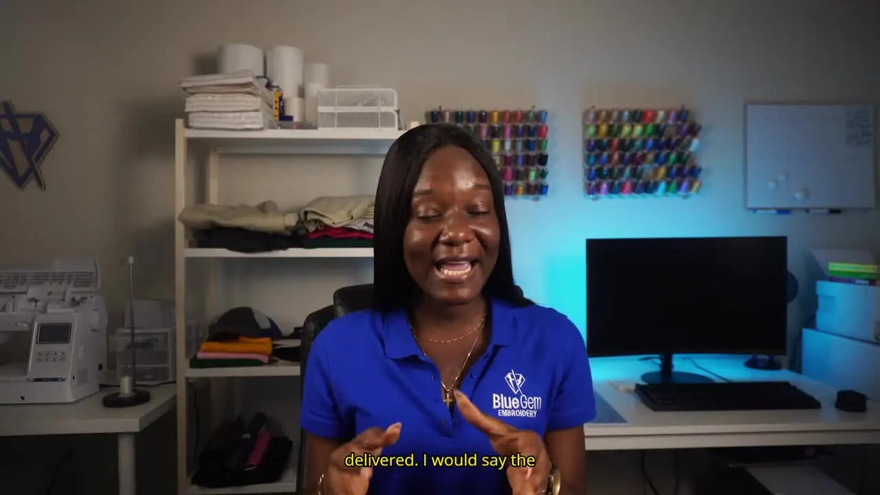 The host emphasizes that the very first stitch on a new embroidery machine should be a tension test, not a real garment.