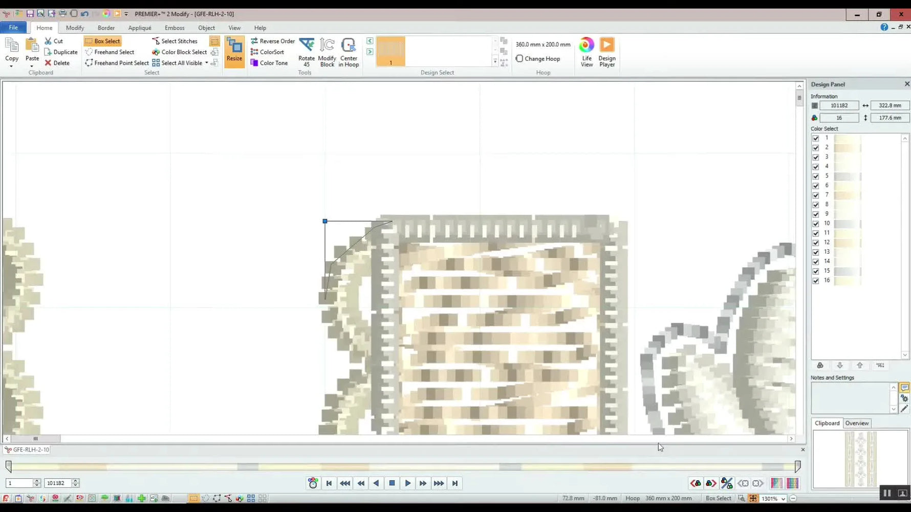 A full-hoop Premier+ 2 workspace view showing three identical heirloom motifs aligned evenly across a 360×200mm hoop.