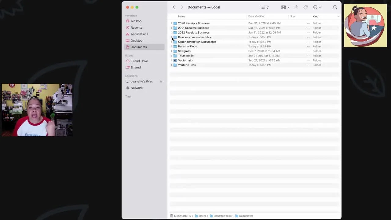 A clear macOS Finder view showing a project-based “Business Embroidery Files” folder structure with subfolders like Adult Birthday Shirts and Baby Blankets.