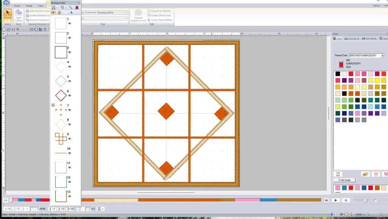 A full-screen view of the Tic Tac Toe board file in embroidery software, showing the color-stop sequence that controls each in-the-hoop construction step.
