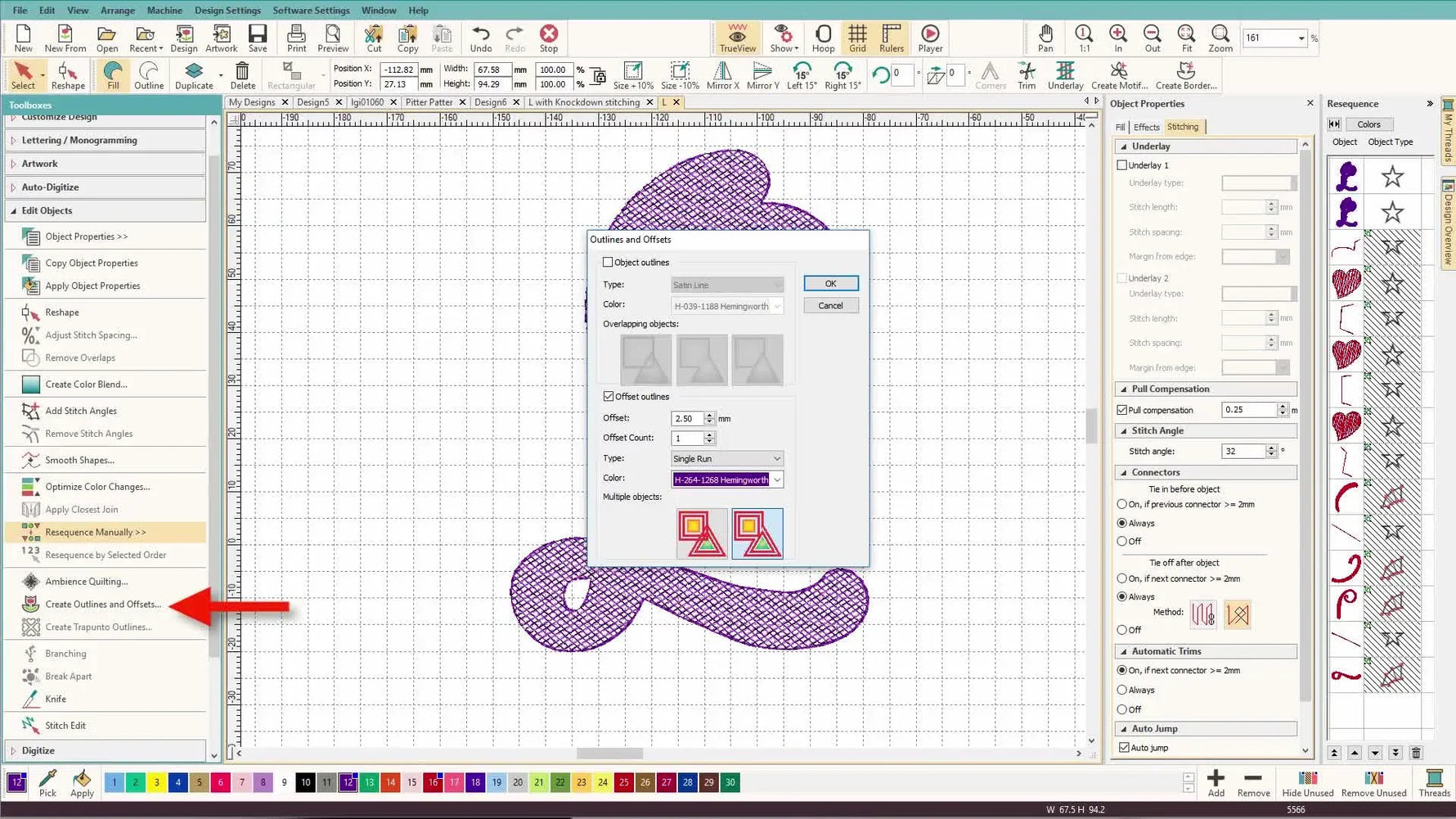 The finished Hatch design shows a monogram on top of a purple mesh knockdown background with a clean satin border.