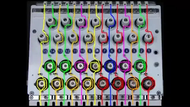 A clear, color-coded threading-path diagram for all 15 needles on a Fuwei multi-needle embroidery machine.