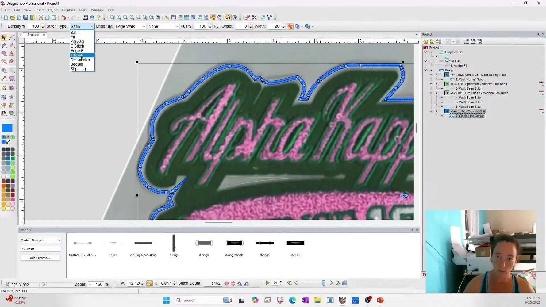 A screen capture shows the patch border converted into a wide Tackle Stitch (zigzag) finish around the custom shield shape.