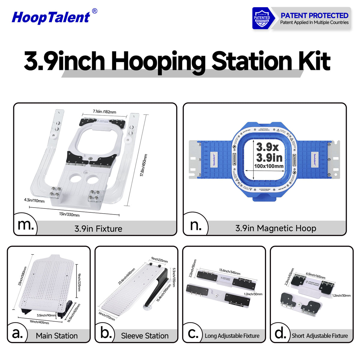 Packing list for the 3.9-inch magnetic hooping station kit with main and sleeve stations