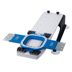 Blue 3.9-inch magnetic hoop positioned on the sleeve station
